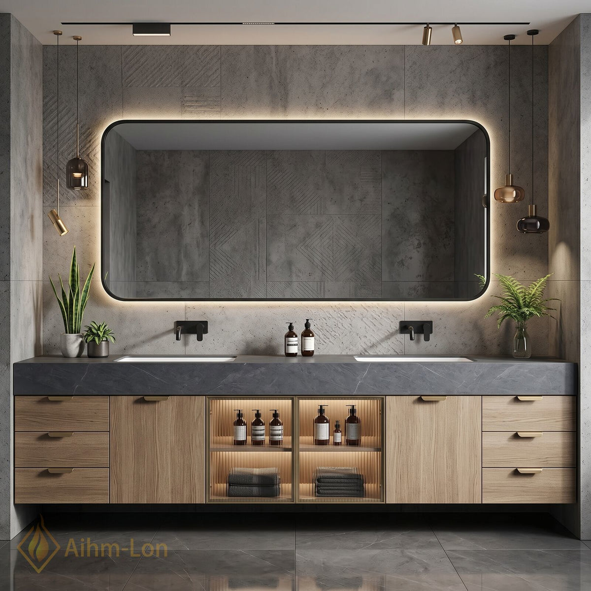 78''-96'' Double Bathroom Vanity with Sink Dark Stone Top Glass Display Doors