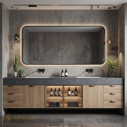 78''-96'' Double Bathroom Vanity with Sink Dark Stone Top Glass Display Doors