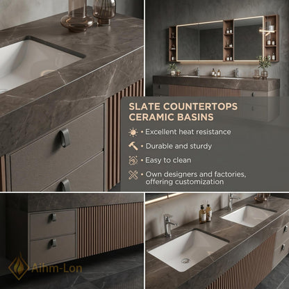 60''-96'' Modern Double Bathroom Vanity with Sink Dark Stone Slatted Center Panel