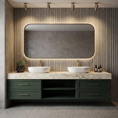60''-96'' Modern Bathroom Vanity with Sink Double Sink Deep Green Marble Open Shelves
