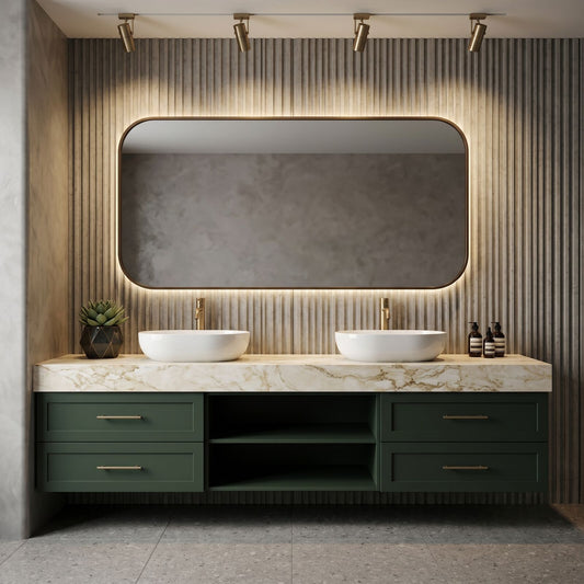 60''-96'' Modern Bathroom Vanity with Sink Double Sink Deep Green Marble Open Shelves