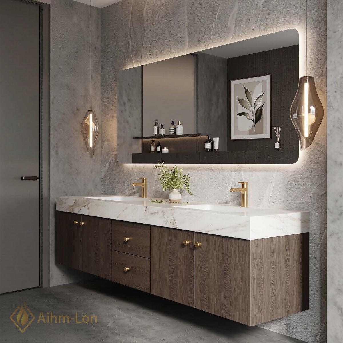 60''-96'' Double Bathroom Vanity with Sink Dark Wood Grain Dual Drawer Storage