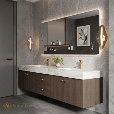 60''-96'' Double Bathroom Vanity with Sink Dark Wood Grain Dual Drawer Storage