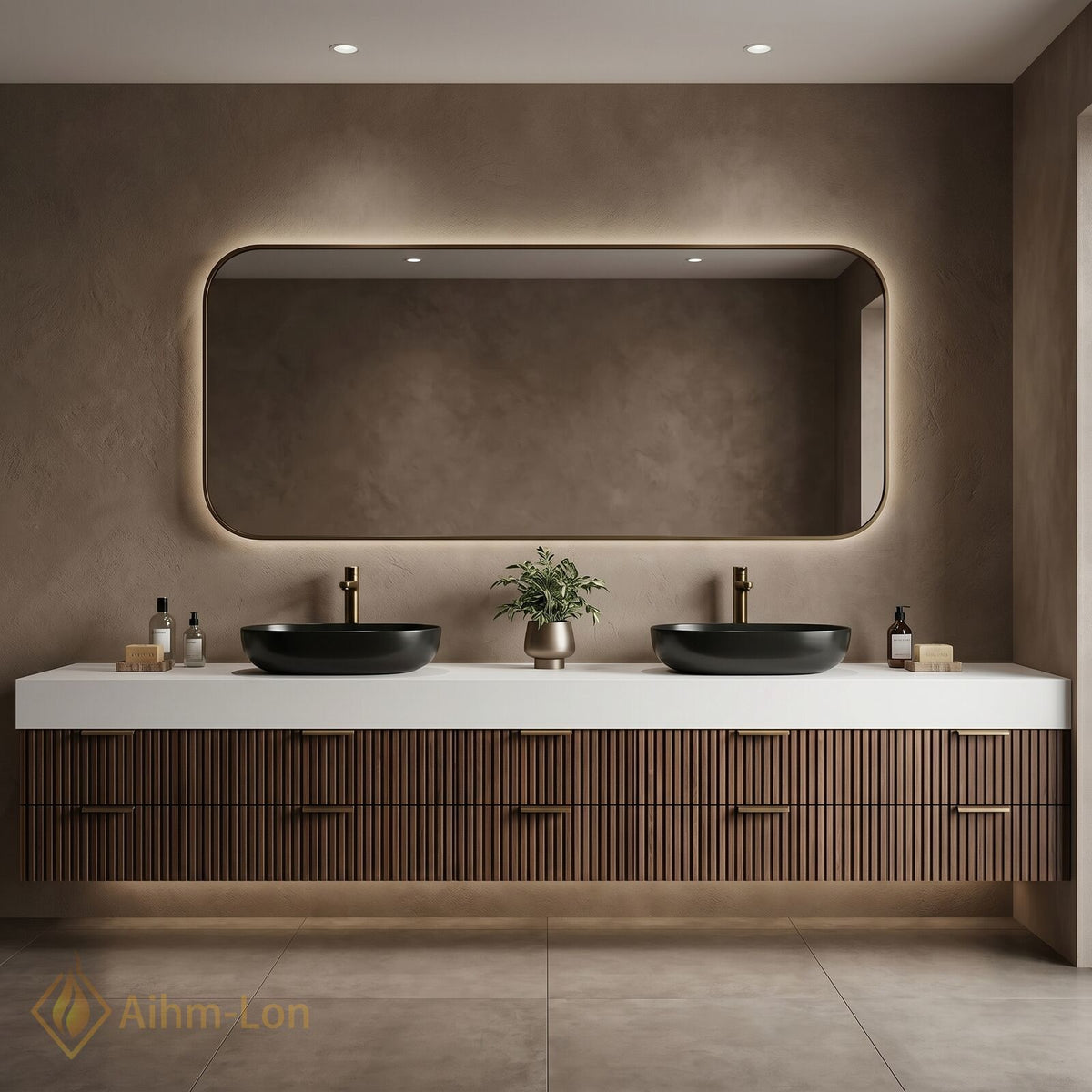 76''-96'' Double Bathroom Vanity with Sink Black Vessel Sinks Slatted Walnut Drawers
