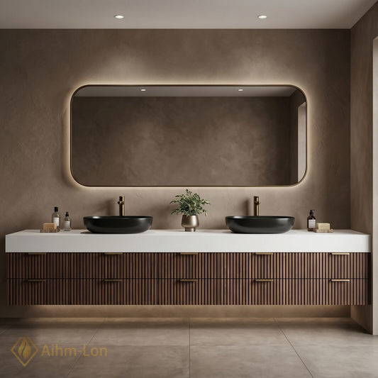 76''-96'' Double Bathroom Vanity with Sink Black Vessel Sinks Slatted Walnut Drawers