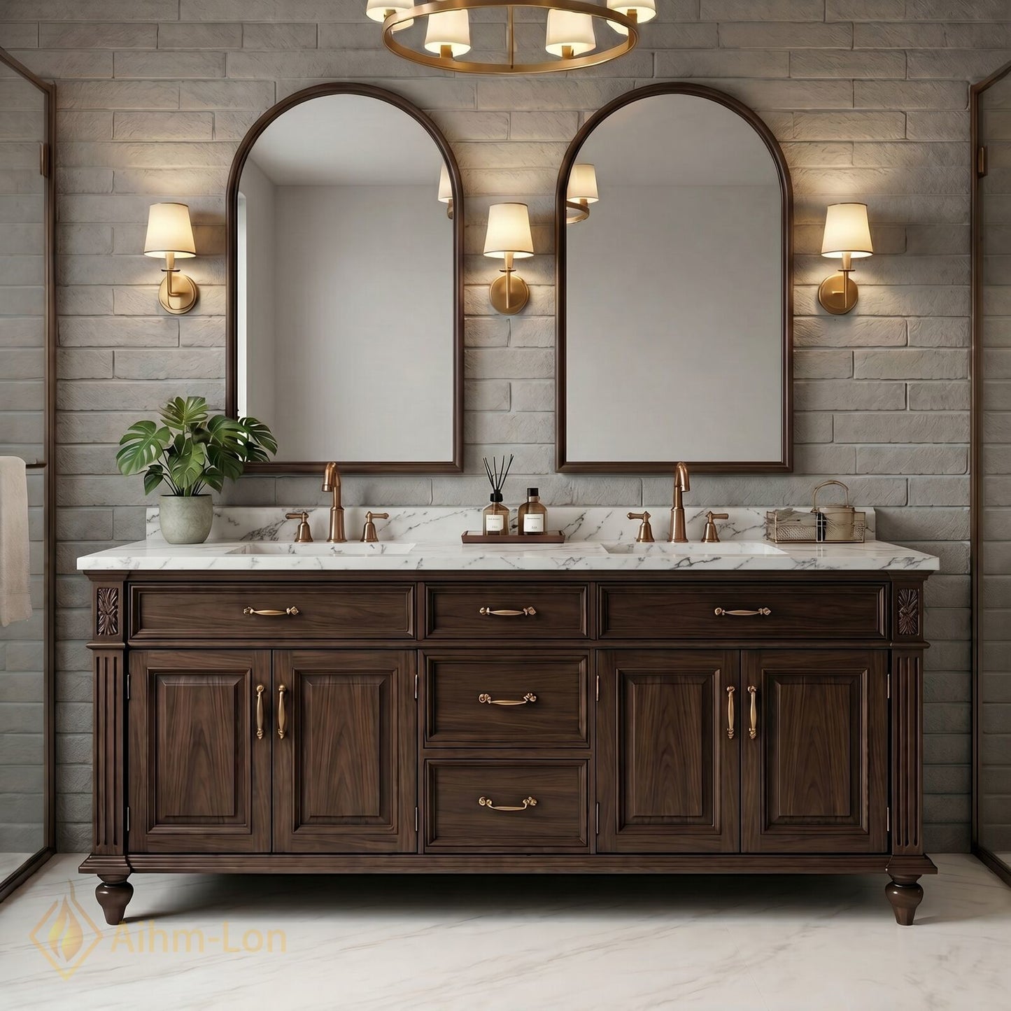 76''-96'' Classic Bathroom Vanity with Sink Carved Wood Dark Marble Arched Mirrors