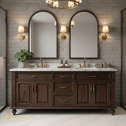 76''-96'' Classic Bathroom Vanity with Sink Carved Wood Dark Marble Arched Mirrors