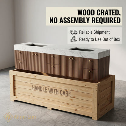 76''-96'' Double Bathroom Vanity with Sink Dark Walnut Slatted Front Basin Setup