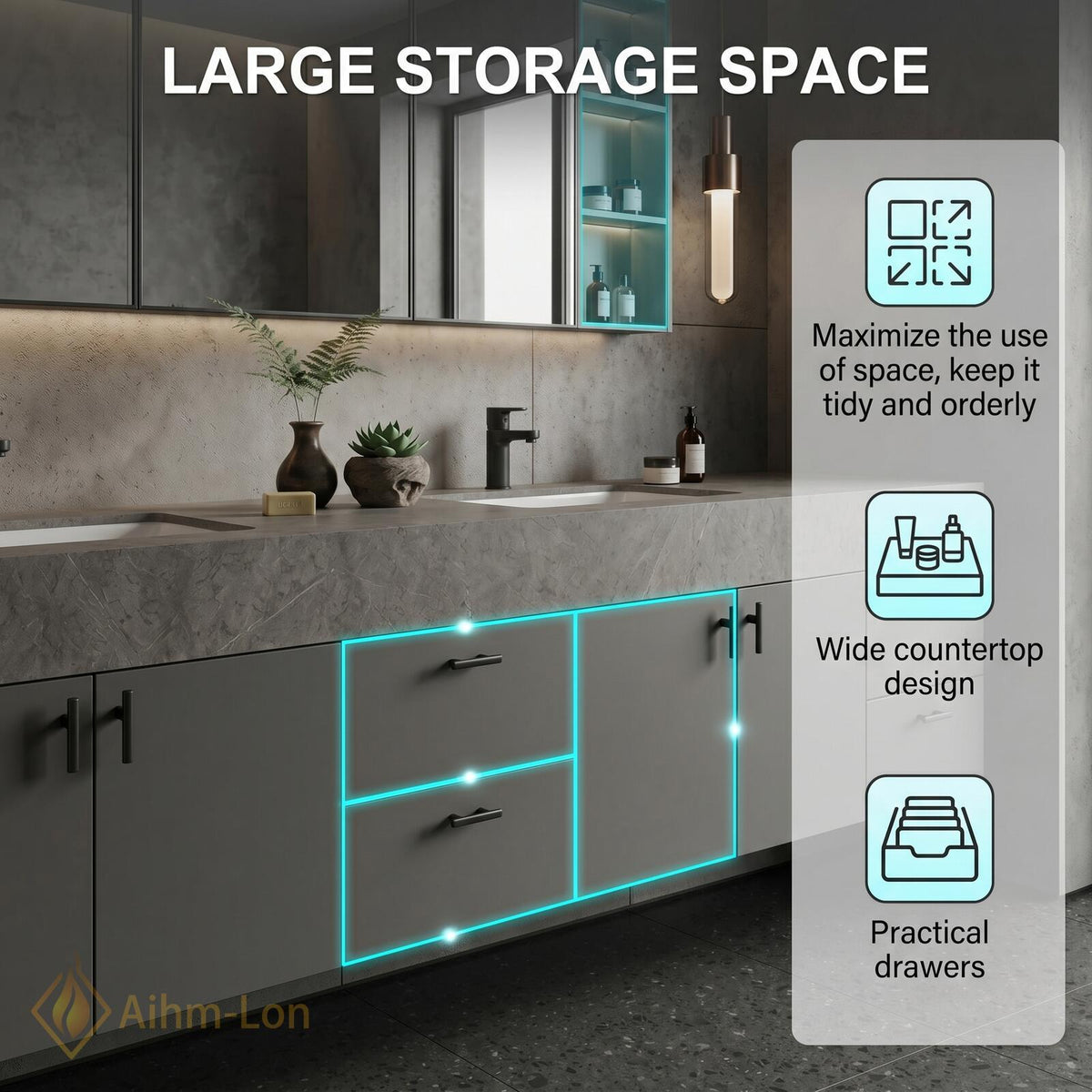 60''-96'' Double Bathroom Vanity with Sink Modern Floating Matte Grey Finish Mirror