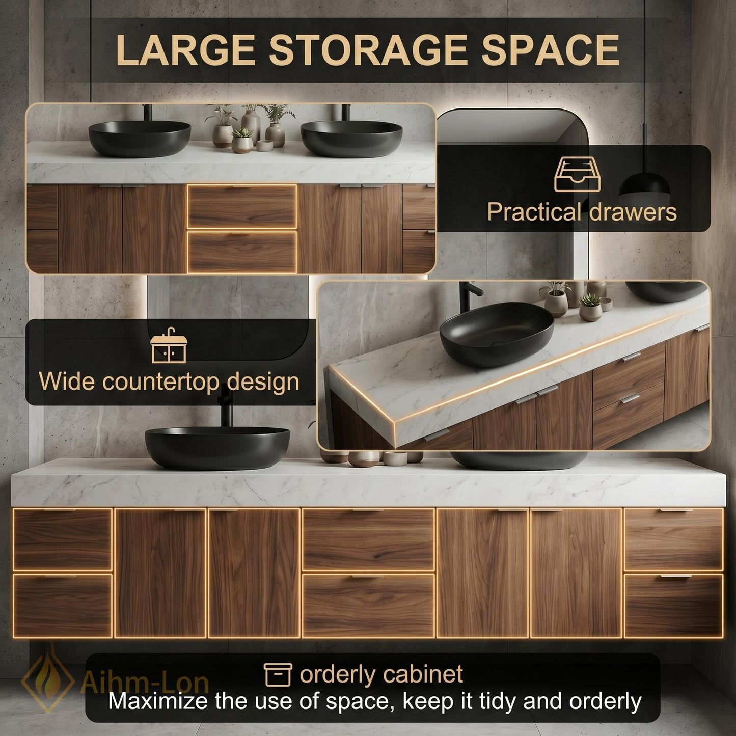 74''-96'' Double Bathroom Vanity with Sink Modern Floating Stone Countertop Storage Wide