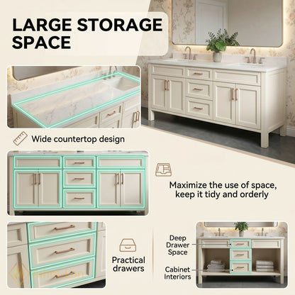 60''-96'' Classic Bathroom Vanity with Sink Cream Painted Side Drawers Cabinet