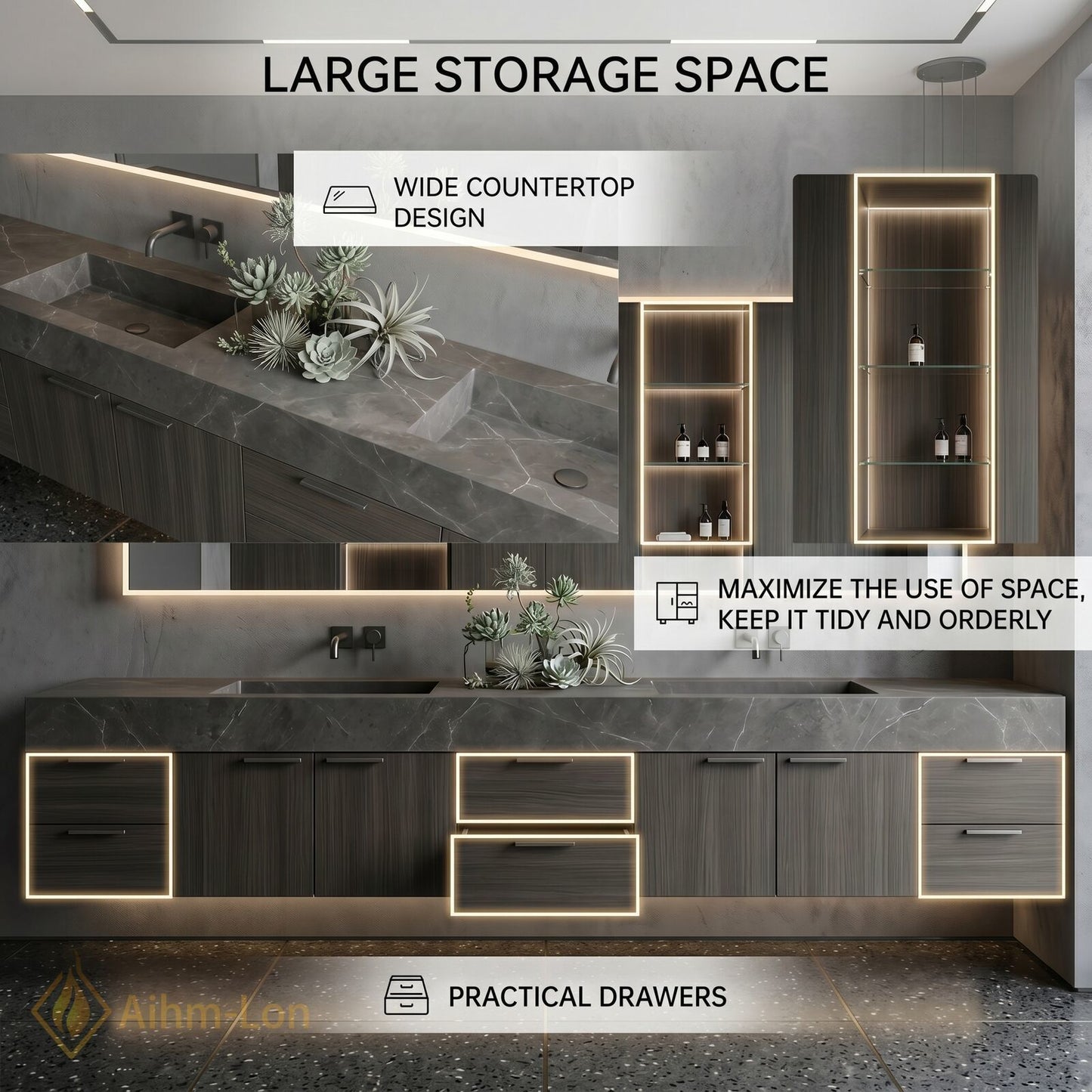 78''-96'' Double Bathroom Vanity with Sink Grey-Marble Grey Floating Wood-Grain Frame Dark