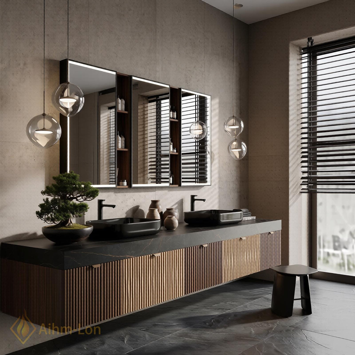 76''-96'' Double Bathroom Vanity with Sink Floating Double Dark Stone Top Slatted