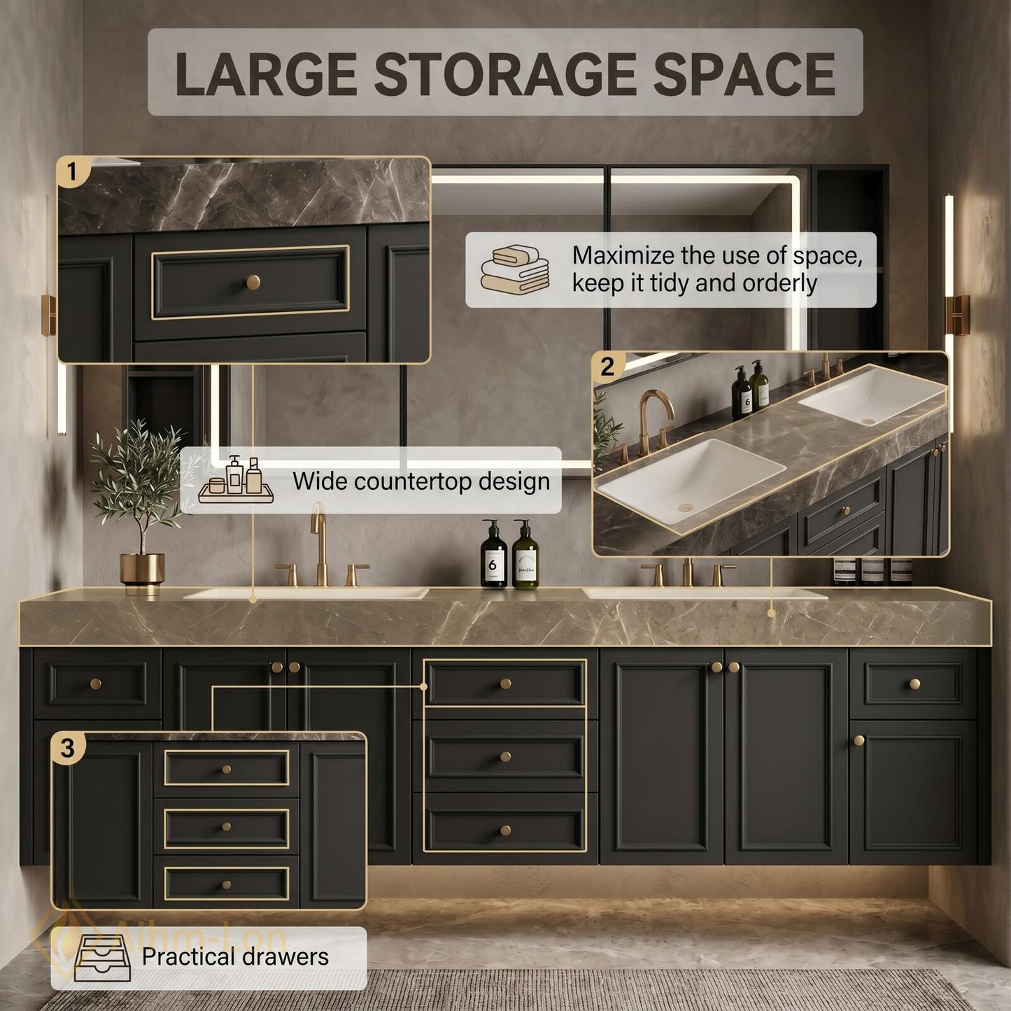 78''-96'' Double Bathroom Vanity with Sink Floating Dark Marble Top Brass Hardware