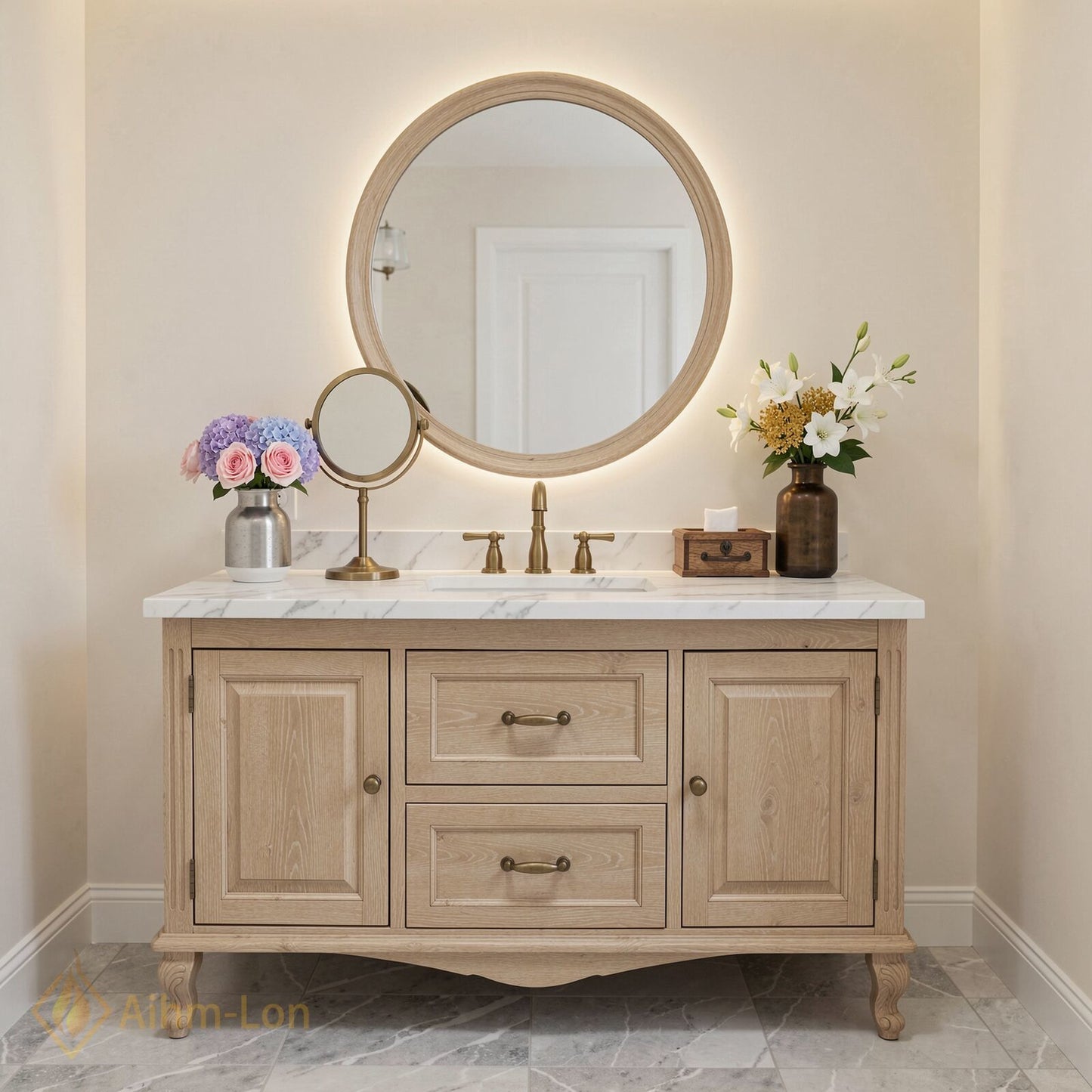 48''-64'' Classic Bathroom Vanity with Sink Raised Panel Marble Curved Leg Drawers