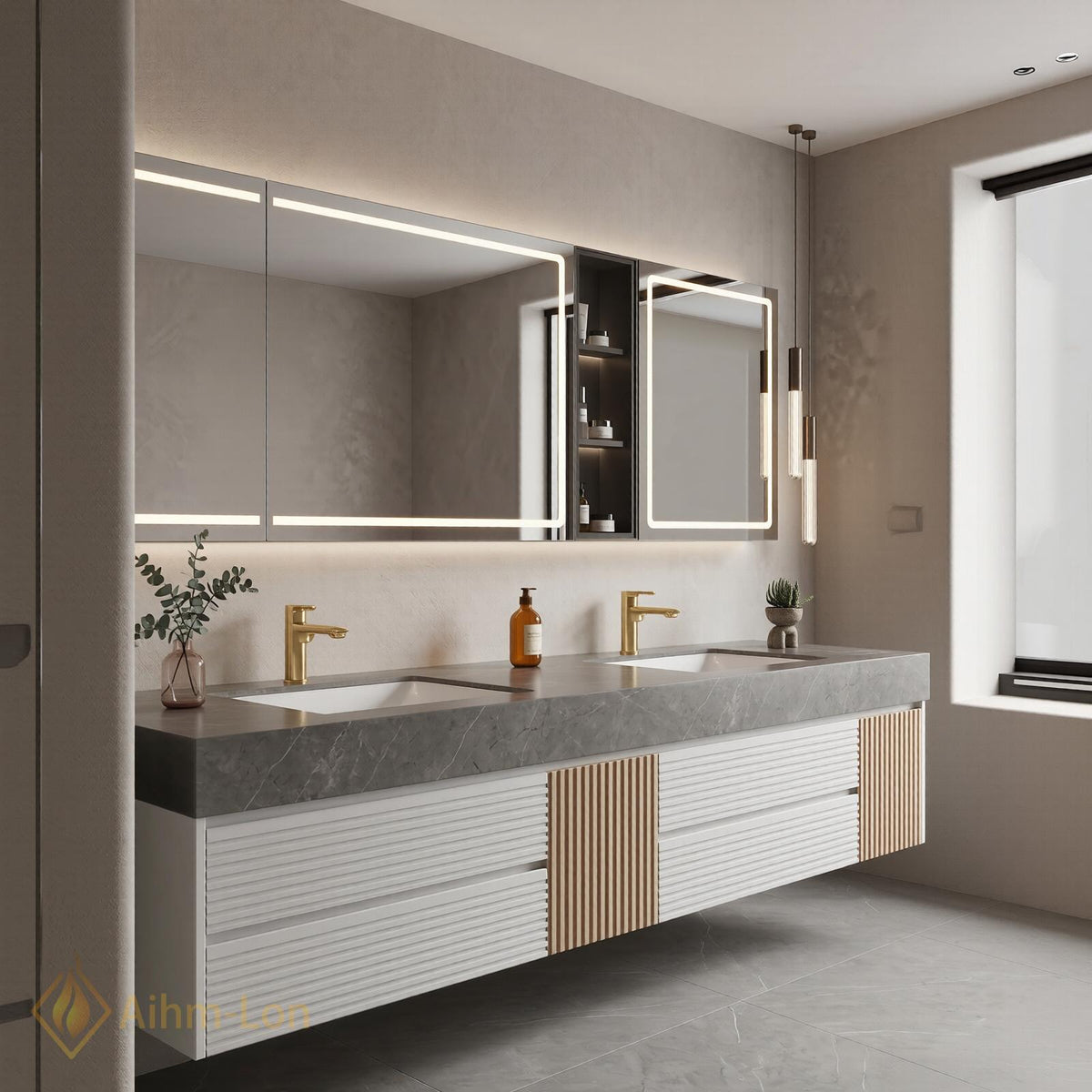 60''-96'' Double Bathroom Vanity with Sink Modern Floating Grey Stone look Top