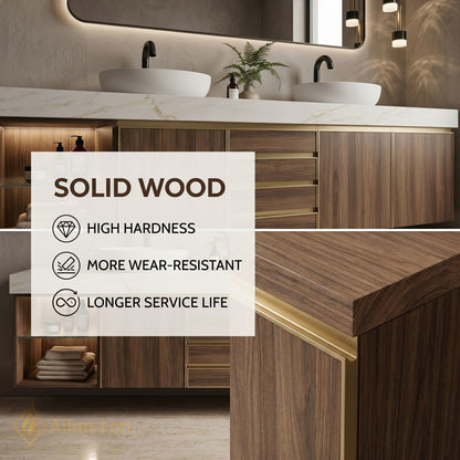 60''-96'' Double Bathroom Vanity with Sink Vessel Basins Walnut Finish Storage
