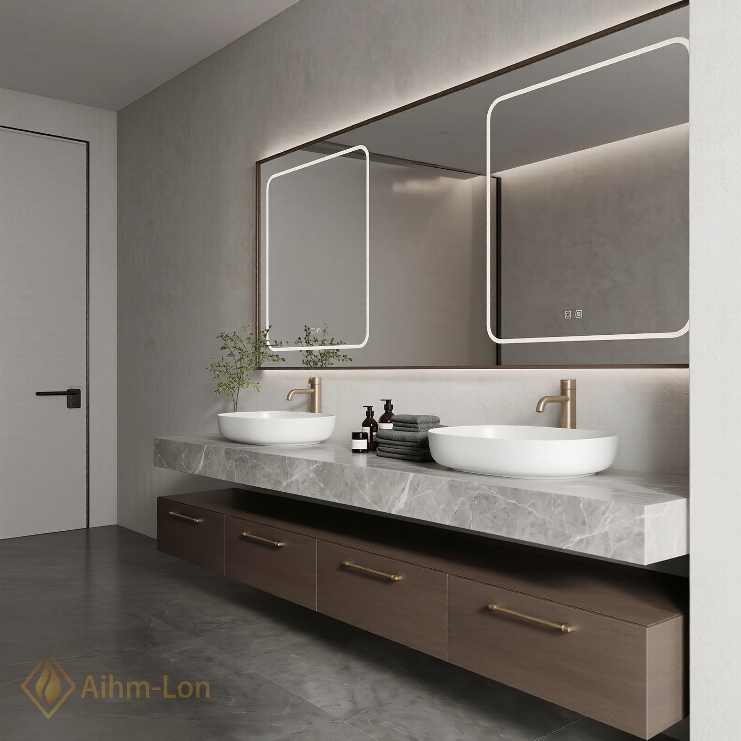 60''-96'' Double Bathroom Vanity with Sink Dark Wood Drawers Large Marble Top