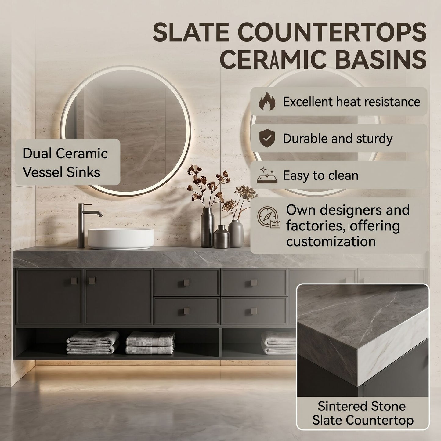 70''-96'' Double Bathroom Vanity with Sink Marble Top Open Shelved Base Spacious Cabinet