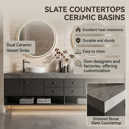 70''-96'' Double Bathroom Vanity with Sink Marble Top Open Shelved Base Spacious Cabinet