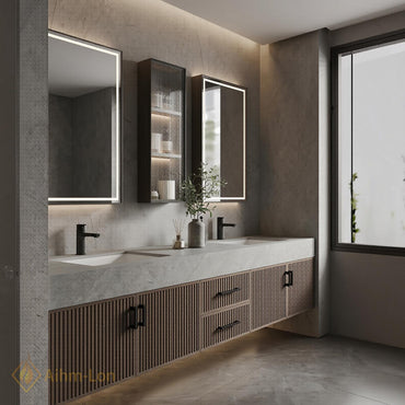 60''-96'' Bathroom Vanity with Sink Floating Vanity Stone Top Slatted Wood Central