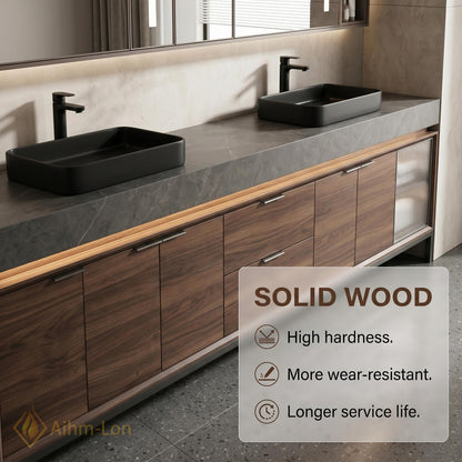60''-96'' Double Bathroom Vanity with Sink Dark Stone Top Wood Grain Drawers