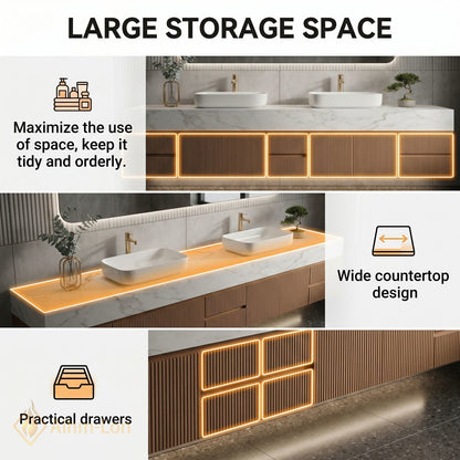 60''-96'' Double Bathroom Vanity with Sink Slatted Panel Marble Top Open Storage
