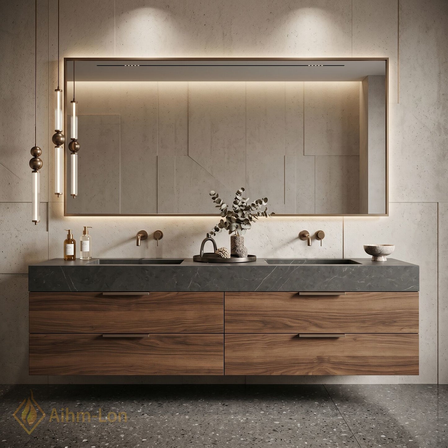 60''-96'' Double Bathroom Vanity with Sink Floating Wall-Mounted Wall-Mount Wood-Grain Finish Illuminated
