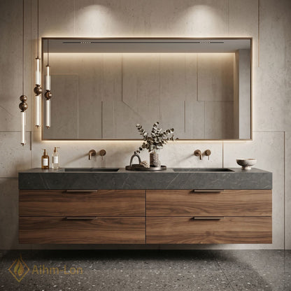 60''-96'' Double Bathroom Vanity with Sink Floating Wall-Mounted Wall-Mount Wood-Grain Finish Illuminated