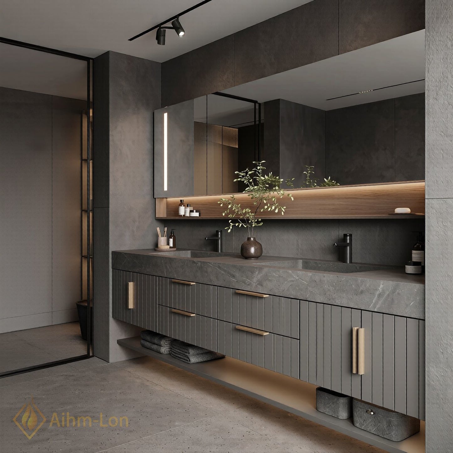 76''-96'' Double Bathroom Vanity with Sink Vertical Slatted Door Panels Dark Grey