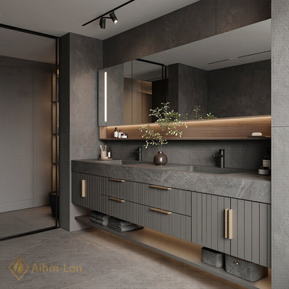 76''-96'' Double Bathroom Vanity with Sink Vertical Slatted Door Panels Dark Grey