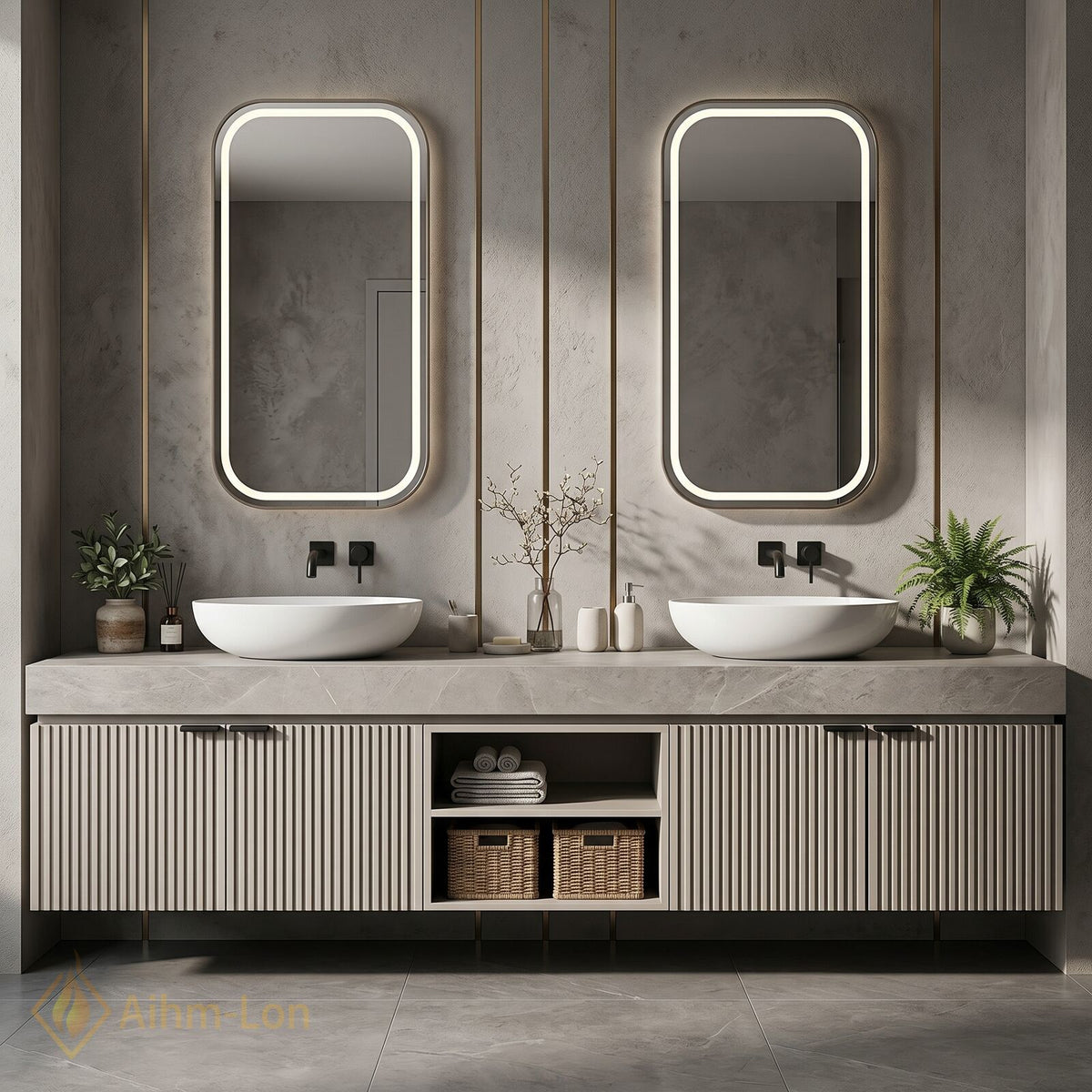60''-96'' Double Bathroom Vanity with Sink Ribbed Doors Open Central Storage