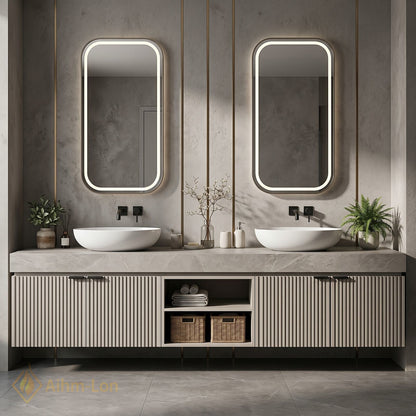 60''-96'' Double Bathroom Vanity with Sink Ribbed Doors Open Central Storage