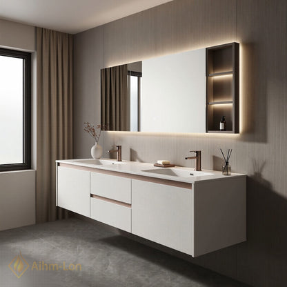 60''-96'' Wide Bathroom Vanity with Sink Matte White Double Sink Spacious Mirror Cabinet