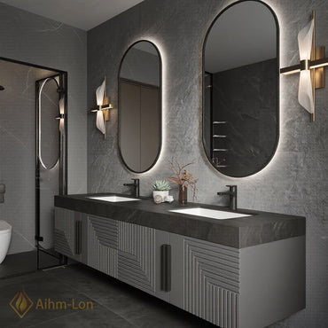 60''-96'' Double Bathroom Vanity with Sink Modern Geometric Panel Doors Dark Stone