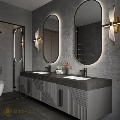 60''-96'' Double Bathroom Vanity with Sink Modern Geometric Panel Doors Dark Stone