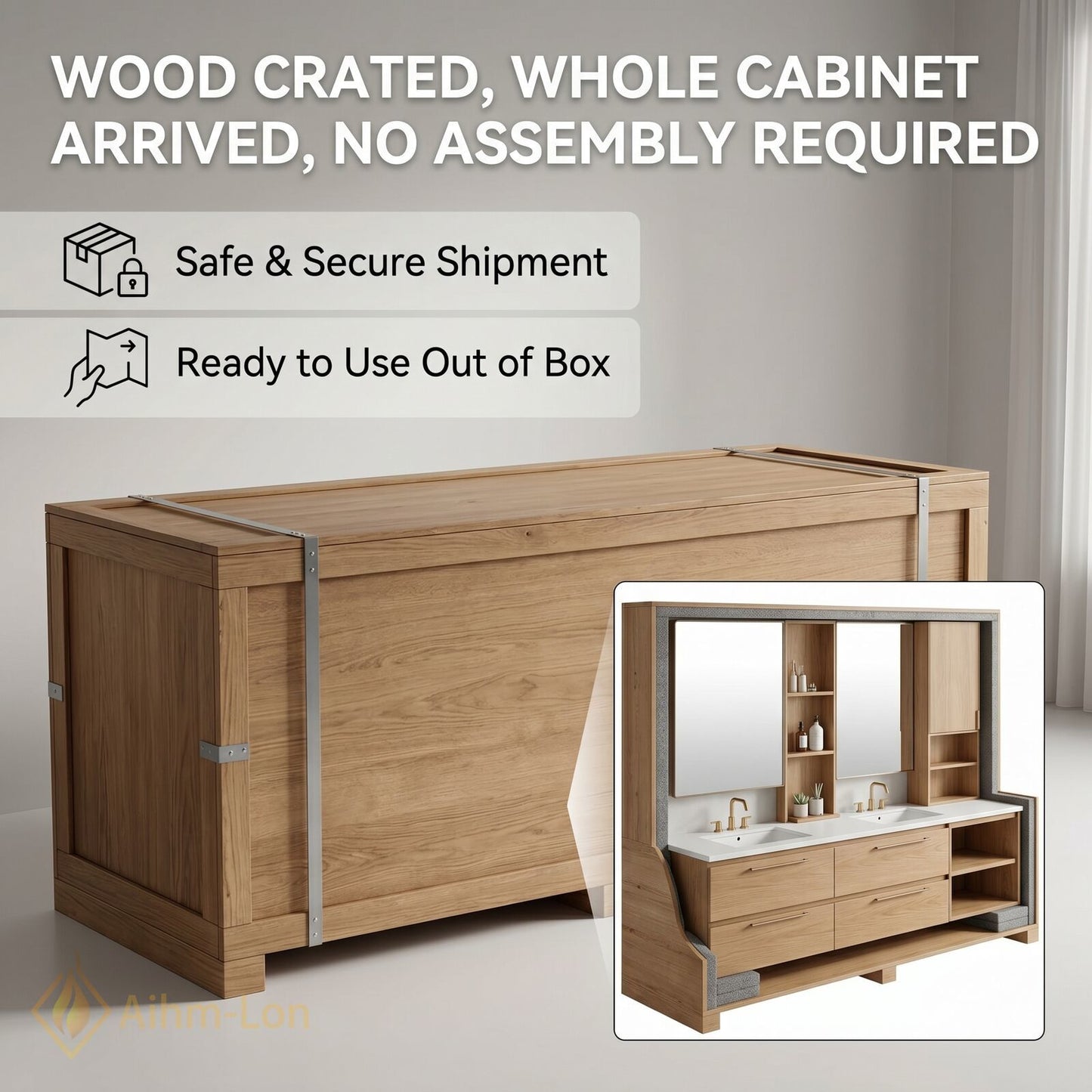 60''-96'' Floating Bathroom Vanity with Sink Slim Profile Natural Oak Open Shelving Mirror
