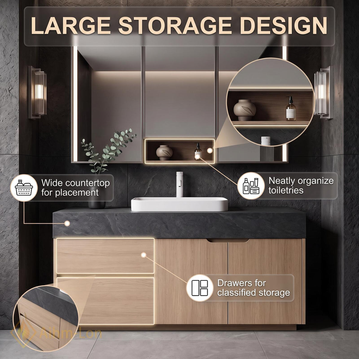 36''-110'' Modern Bathroom Vanity with Sink Handleless Drawers Warm Wood Doors