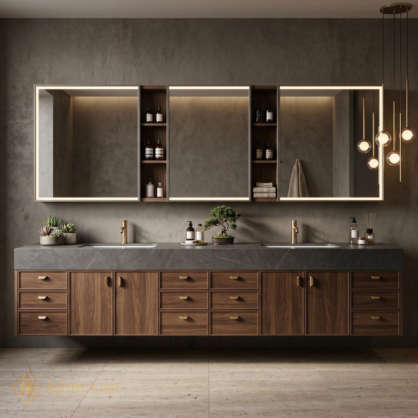 76''-96'' Modern Double Bathroom Vanity with Sink Dark Walnut Stone Top Shelving