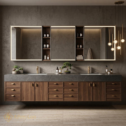 76''-96'' Modern Double Bathroom Vanity with Sink Dark Walnut Stone Top Shelving