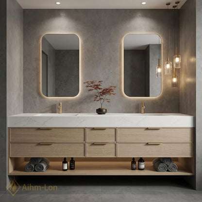 70''-96'' Double Bathroom Vanity with Sink Light-Wood Drawers Open Shelving