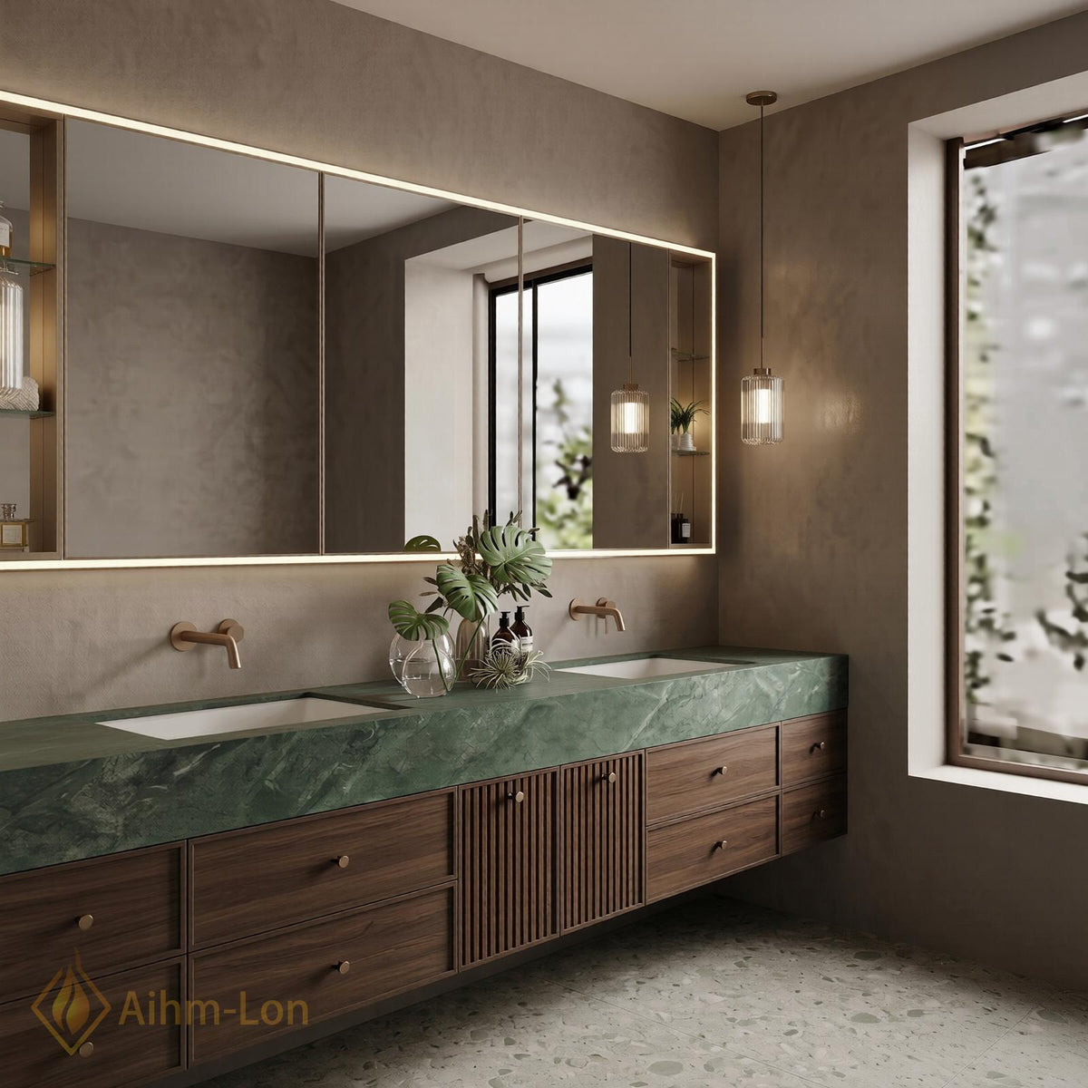 60''-96'' Bathroom Vanity with Sink Modern Floating Green Vein Finish Slatted Center