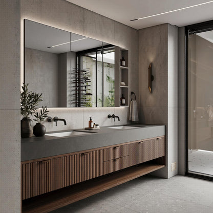 60''-96'' Double Bathroom Vanity with Sink Modern Floating Ribbed Wood Front Grey Top