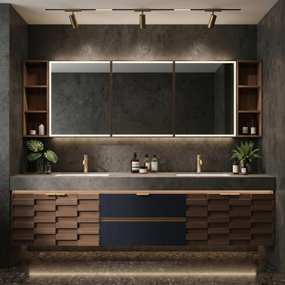 60''-96'' Double Bathroom Vanity with Sink Modern Floating Navy Slats Charcoal Stone Top