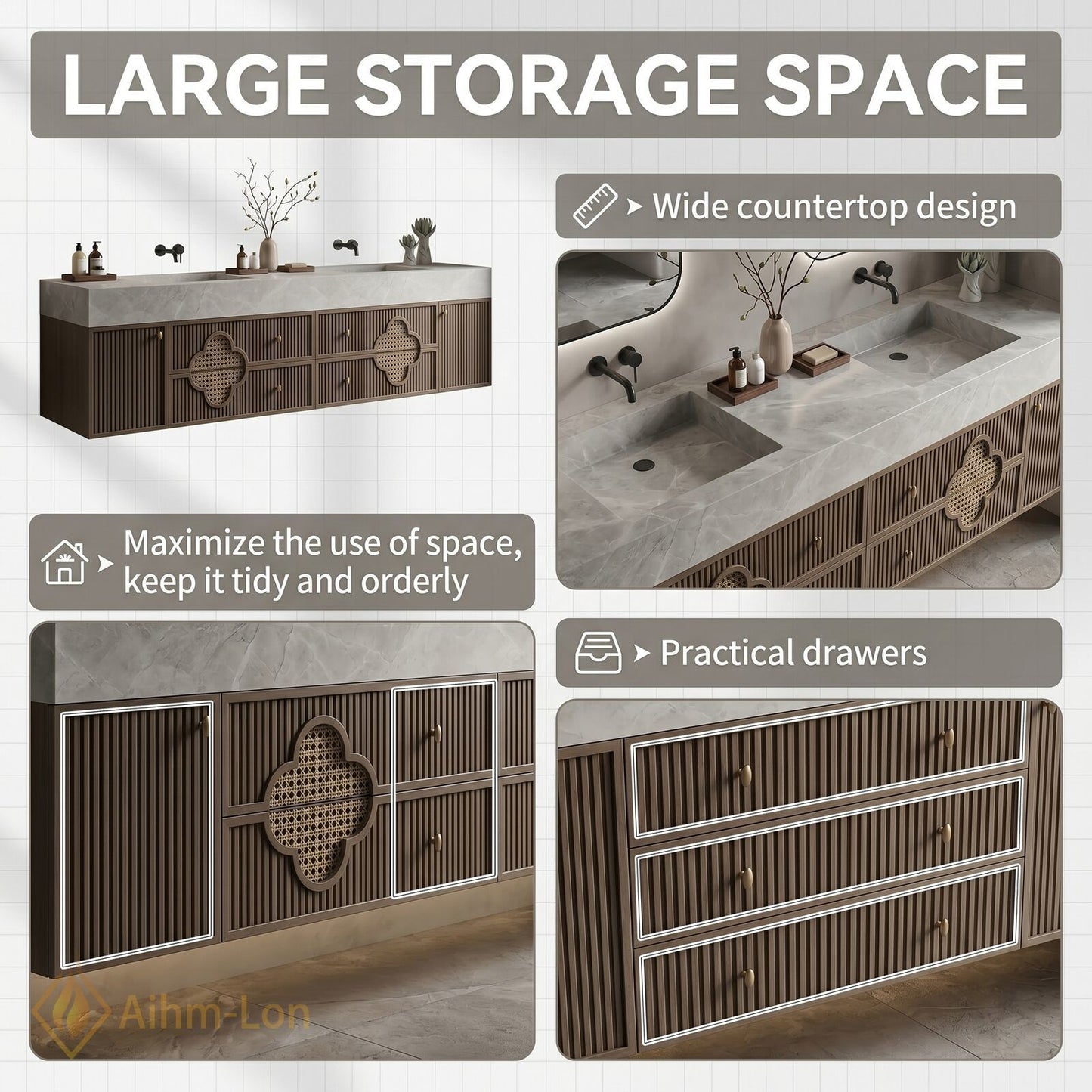 60''-96'' Double Bathroom Vanity with Sink Floating Recessed Panel Doors Natural Woven