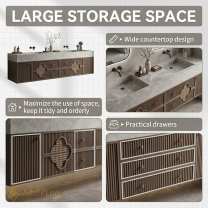 60''-96'' Double Bathroom Vanity with Sink Floating Recessed Panel Doors Natural Woven