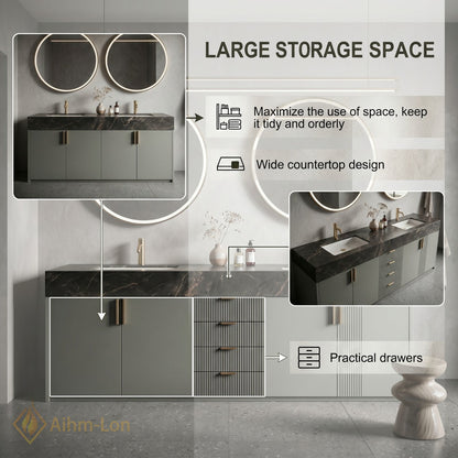 76''-96'' Double Bathroom Vanity with Sink Dark Marble Gray Slatted Front Drawers