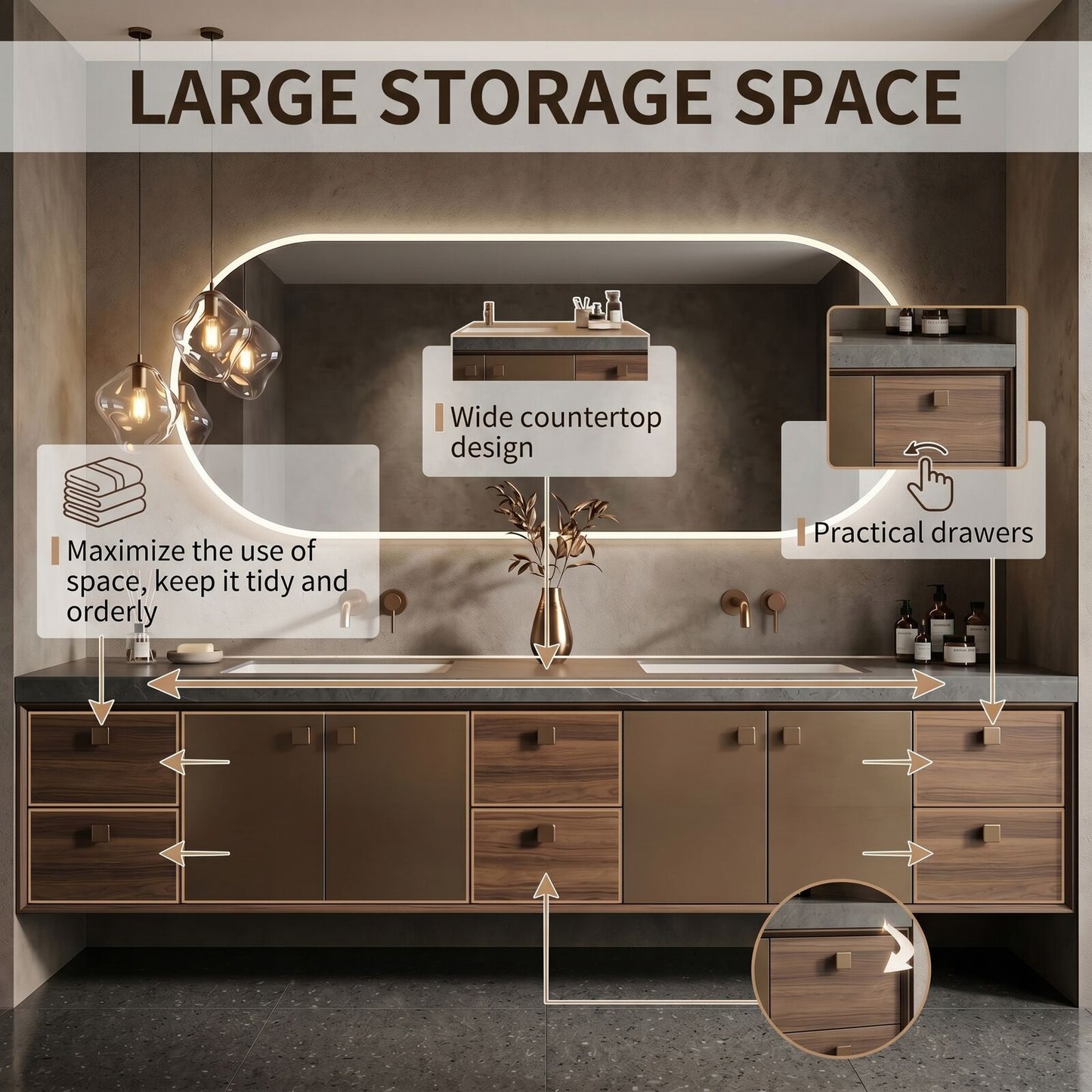 76''-96'' Modern Bathroom Vanity with Sink Marble Texture Top Storage Drawers Cabinet