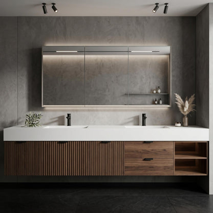 60''-96'' Modern Bathroom Vanity with Sink Double Sink Slatted Wood Front Solid Drawers Cabinet