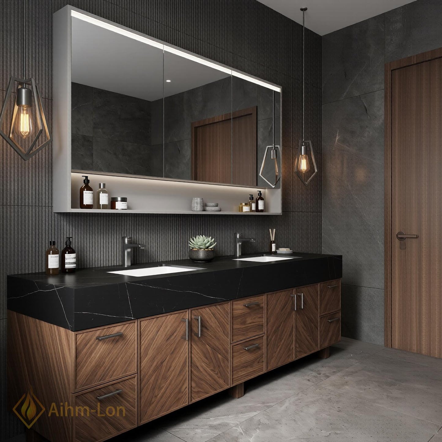 70''-96'' Double Bathroom Vanity with Sink Modern Floating Dark Stone Chevron Panels